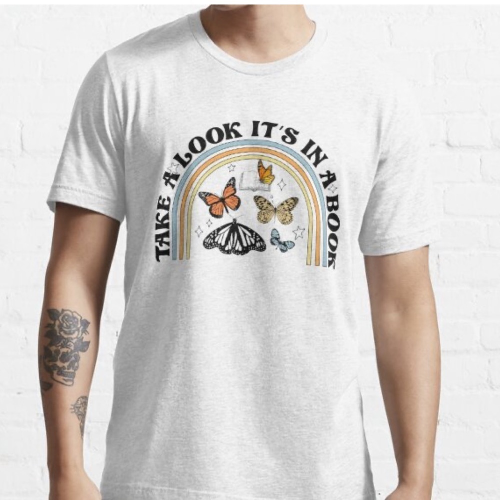 "TAKE A LOOK IT'S IN A BOOK" reading rainbow butterfly tee shirt size large FLAW